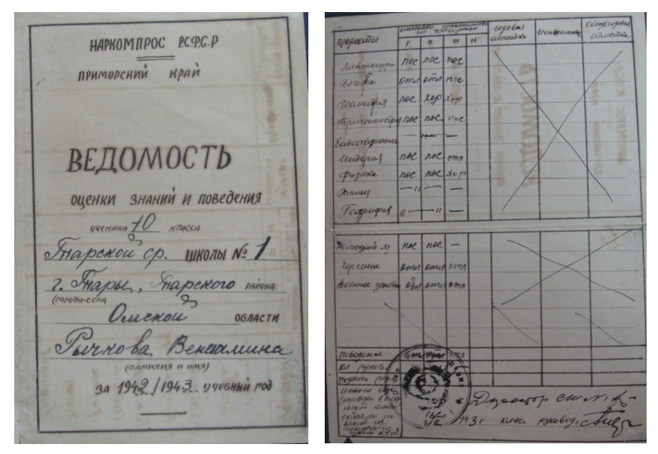 Ведомость успеваемости (1942/1943 учебный год)